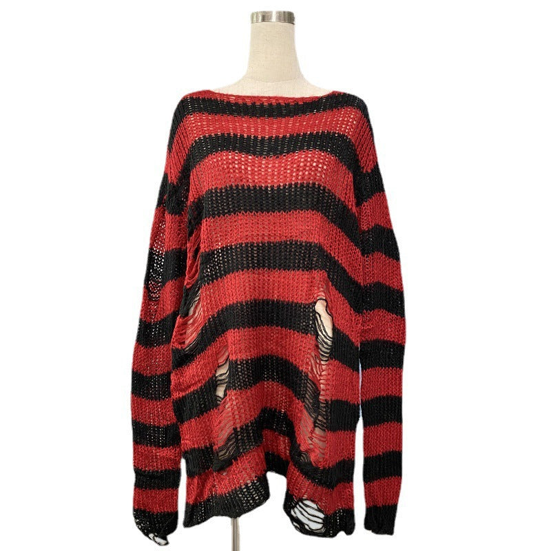 Damen nan Oversized Grobstrickpullover mit breiten Blockstreifen und aufgerissenem Design EB