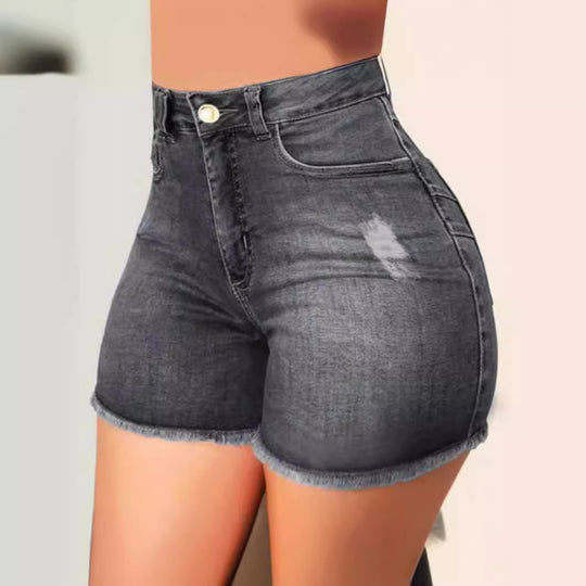 Damen Hoch taillierte Denim-Shorts mit fransigem Saum und figurschmeichelndem Schnitt EB