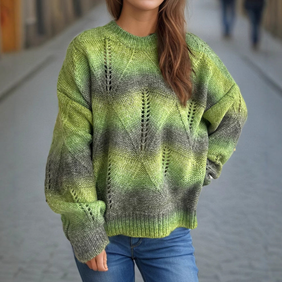 Damen lässiger Strickpullover mit modernem Lochmuster und voluminösen Ärmeln EB