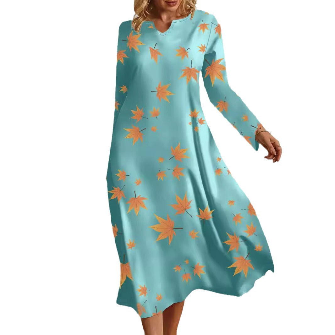 Damen Maxikleid mit V-Ausschnitt und herbstlichem Blattdesign EB