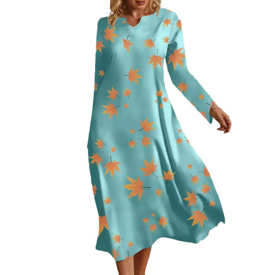 Damen Maxikleid mit V-Ausschnitt und herbstlichem Blattdesign EB