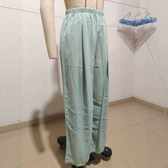 Damen Leichte Satin-Palazzohose mit hohem elastischem Bund und Kellerfalten EB