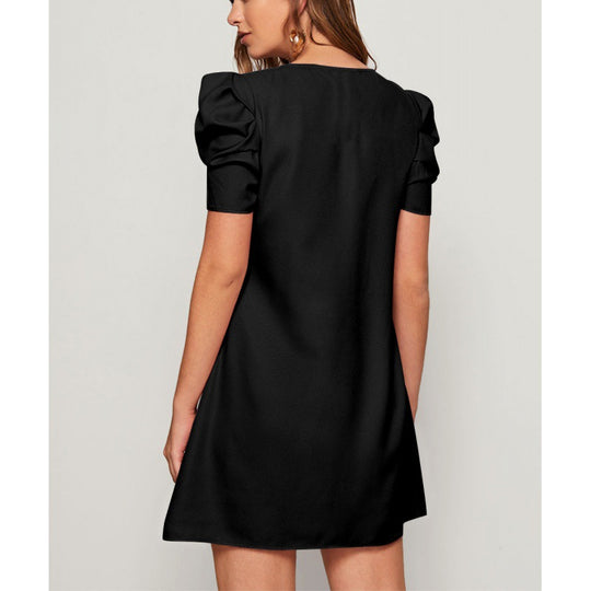 Damen lässiges Kurzarmkleid mit voluminösen Puffärmeln und lockerem Schnitt EB
