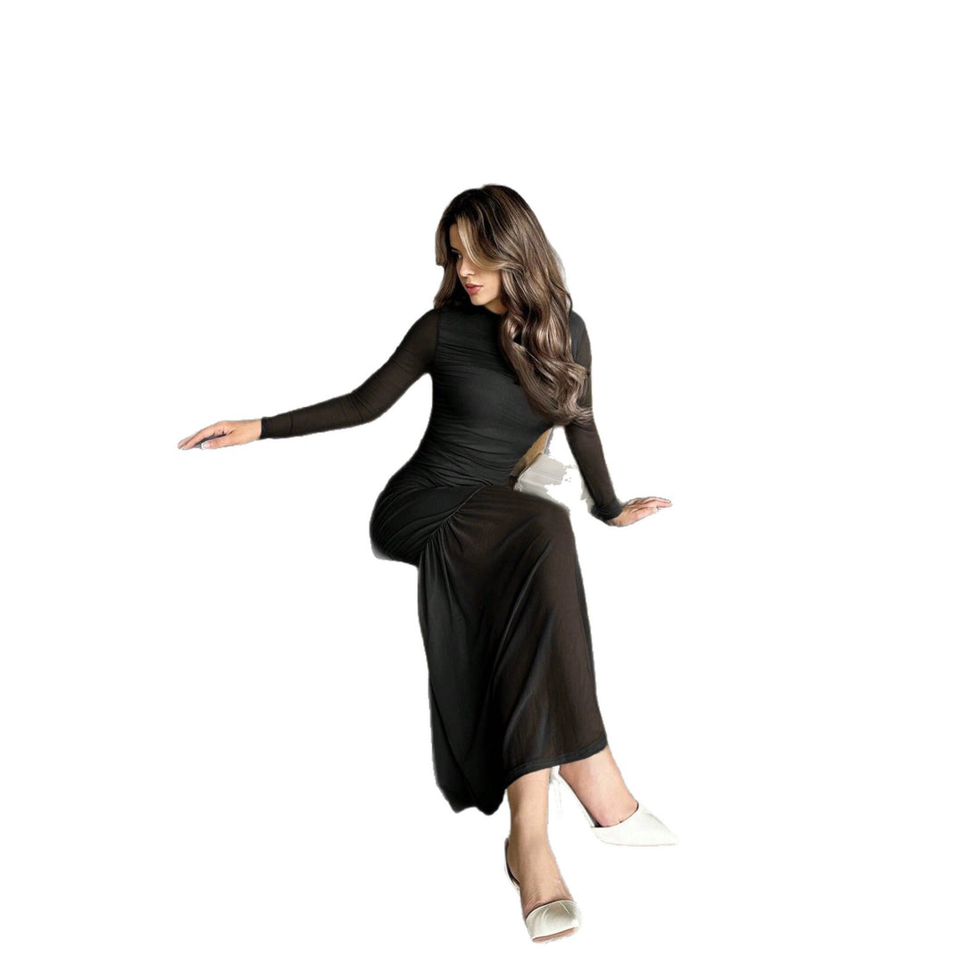 Damen enganliegendes Maxikleid mit langärmeligem Sculpting-Oberteil, taillierter Raffung und transparentem Stufenrock Eichborn Berlin