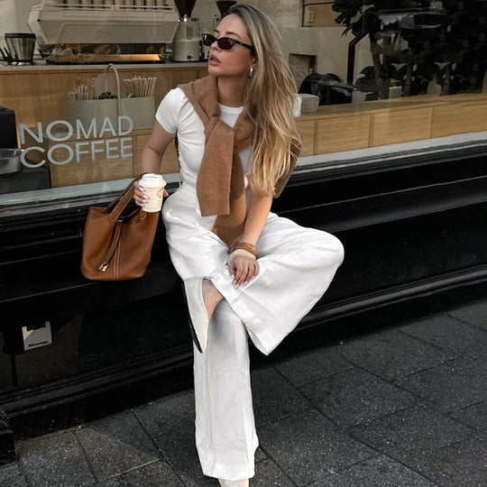 Damen Weit geschnittene Leinenhose mit elastischem Bund und hohem Taillenbund EB