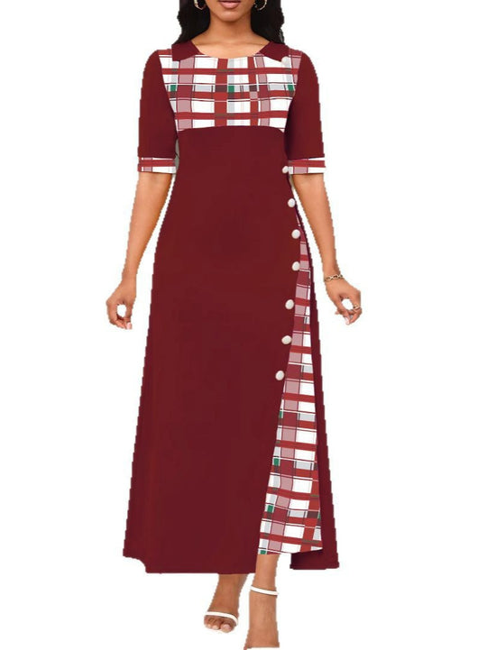 Damen Maxi-Kleid mit modischem Karomuster und geschmackvollen Knopfdetails EB
