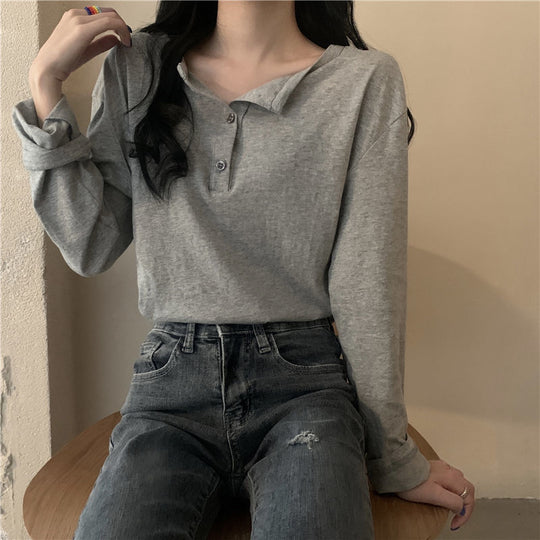 Damen Langarm-Henley-Shirt mit modernem Kragen und durchgehender Knopfleiste EB