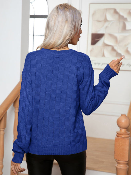 Damen lässiger Strickpullover mit Karomuster und weit ausgestellten Ärmeln EB