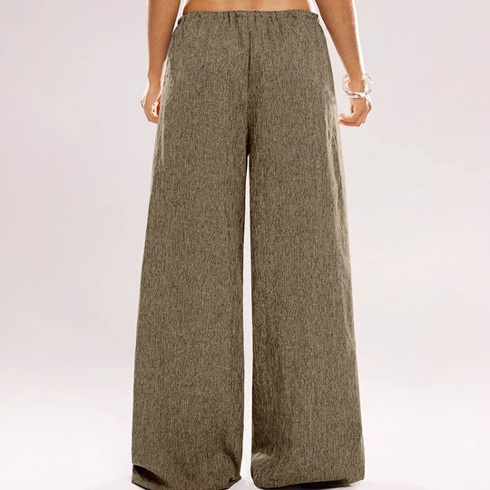 Damen Weite Leinenhose mit elastischem Bund und dekorativen Kordeldetails EB