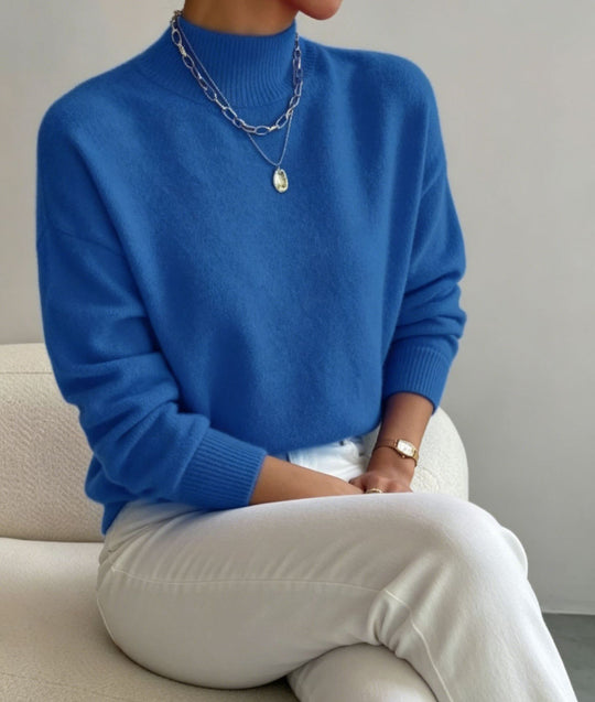 Damen kuscheliger Feinstrickpullover mit Stehkragen und überschnittener Schulter EB