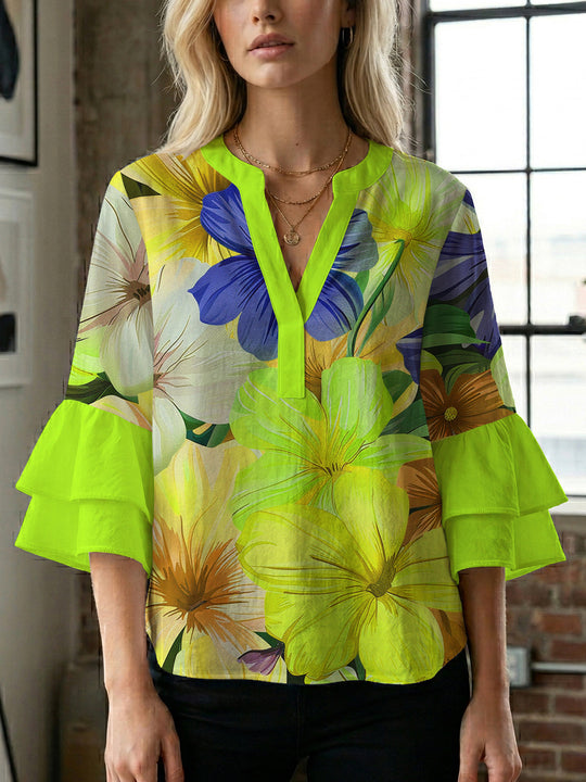 Damen Bluse mit voluminösen Rüschenärmeln und floralem Muster EB