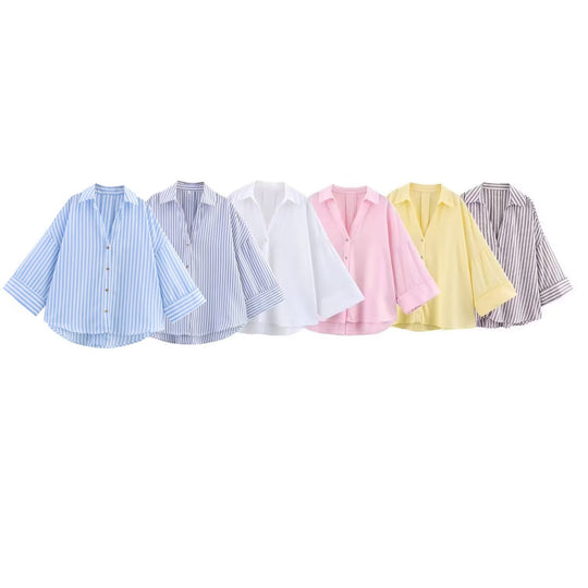 Damen nan oversized Streifen-Hemdbluse mit überschnittener Schulter, 3/4-Ärmel und verlängertem Rückensaum EB