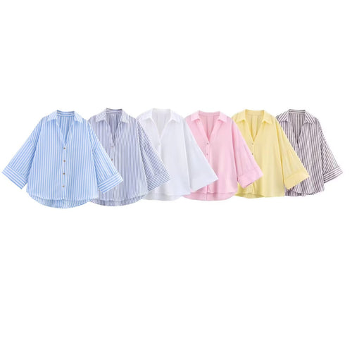 Damen nan oversized Streifen-Hemdbluse mit überschnittener Schulter, 3/4-Ärmel und verlängertem Rückensaum EB