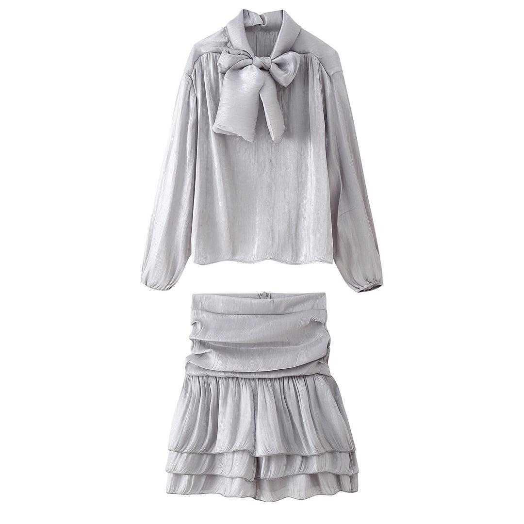 Damen Set aus eleganter Bluse mit Schleifendetail und voluminösem Rock EB