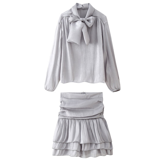 Damen Set aus eleganter Bluse mit Schleifendetail und voluminösem Rock EB