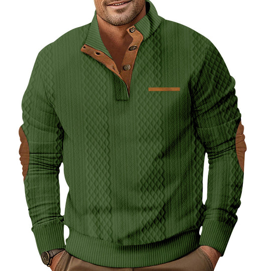 Herren Strukturiertes Kabelstrick-Sweatshirt mit Halbknopfblende, Kunstleder‑Patchtasche & Ellbogenpatches EB
