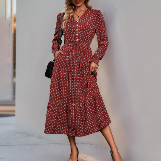 Damen Langarm-Wickelkleid mit floralen Details und Taillenbindung EB