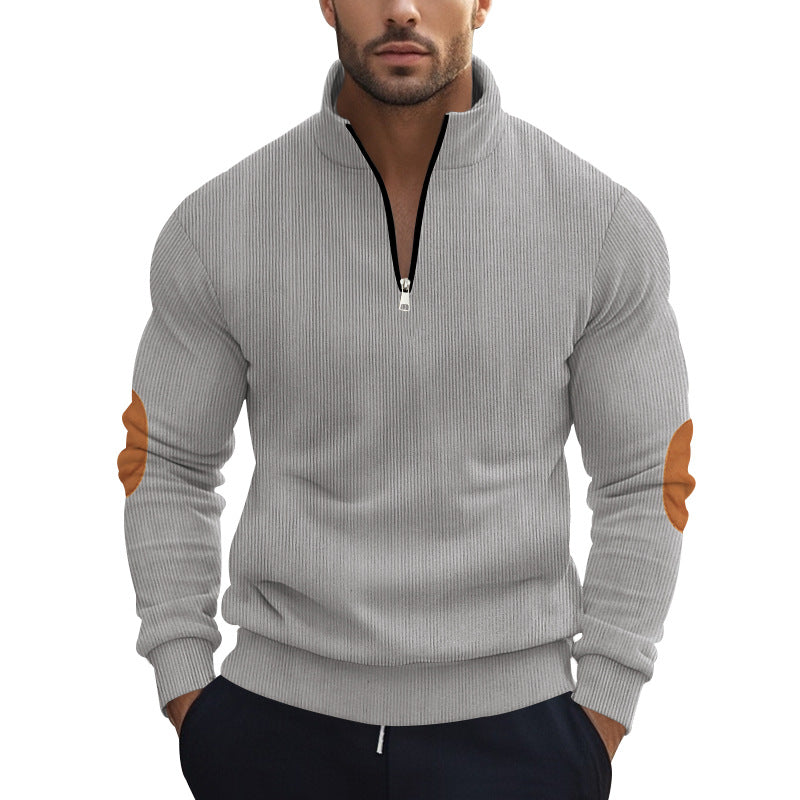 Herren nan strukturierter Baumwoll-Strickpullover mit halbem Reißverschluss und Ellenbogenbesatz EB
