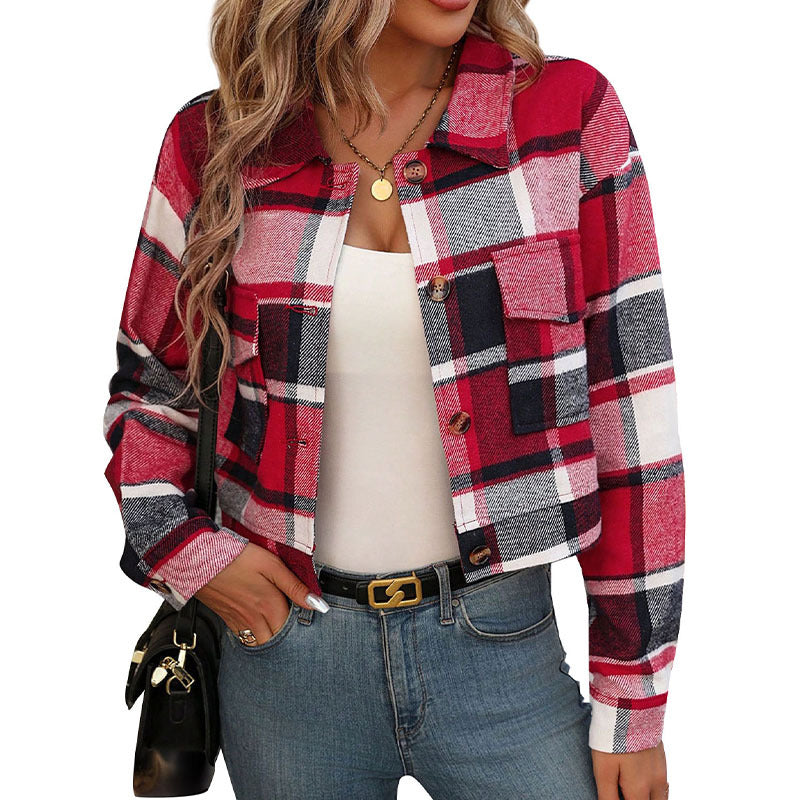Damen Karierte Baumwolljacke mit modischem Schnitt und Taschen EB