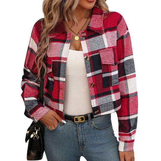 Damen Karierte Baumwolljacke mit modischem Schnitt und Taschen EB