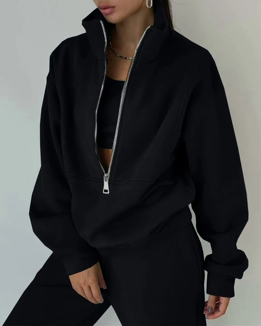 Damen Lässiger Oversized-Hoodie und Jogginghose Set mit Praktischem Reißverschluss EB