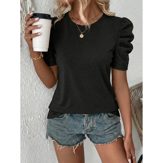 Damen T-Shirt mit Puffärmeln und Spitzenapplikationen EB