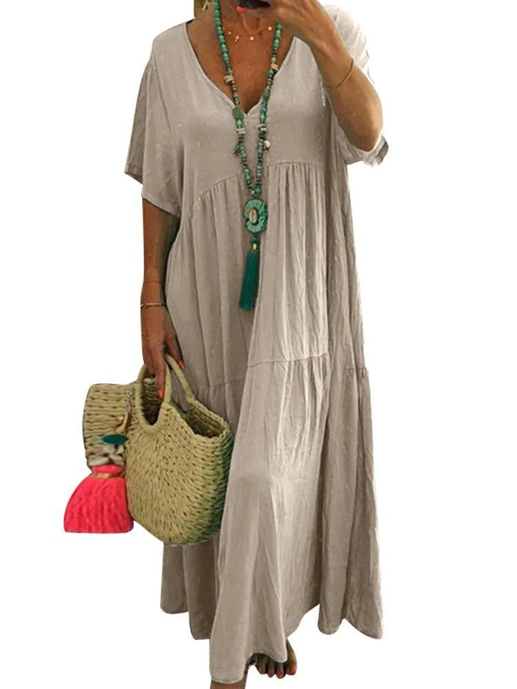 Damen luftiges Boho-Maxikleid mit schwingendem Saum und tiefem V-Ausschnitt EB