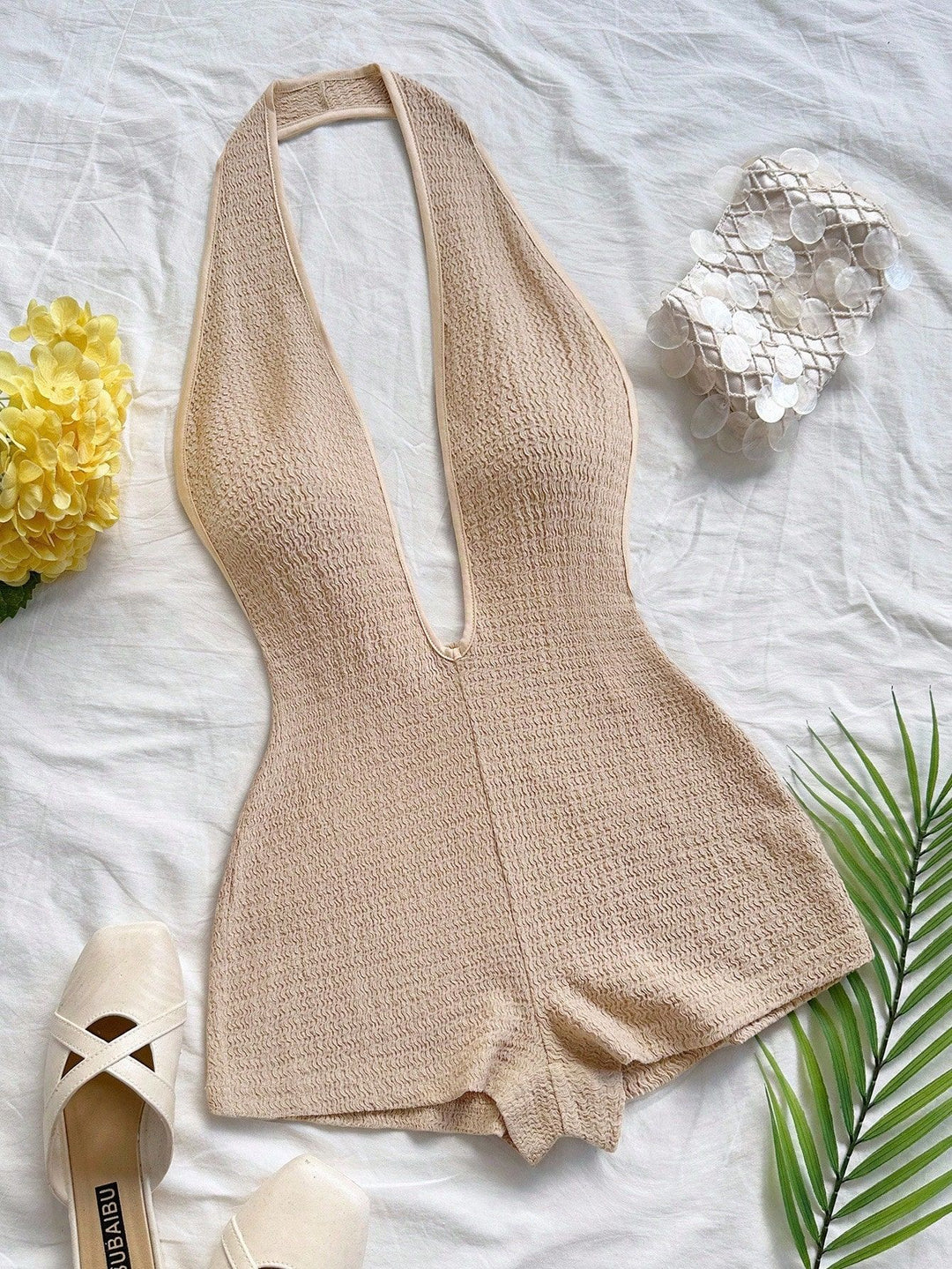 Damen Bodysuit mit tiefem V-Ausschnitt und strukturierter Oberfläche EB