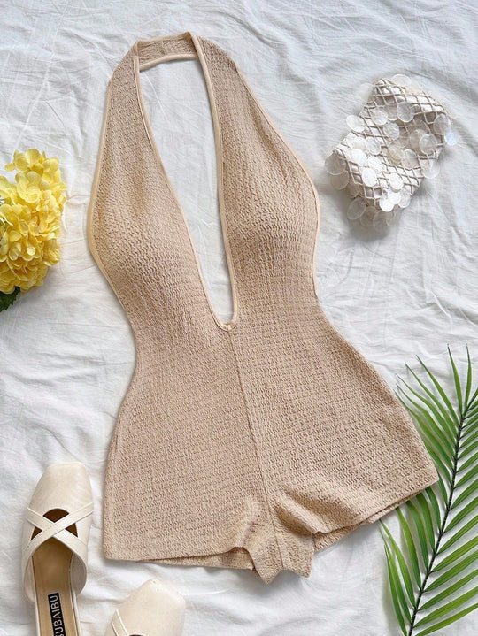 Damen Bodysuit mit tiefem V-Ausschnitt und strukturierter Oberfläche EB