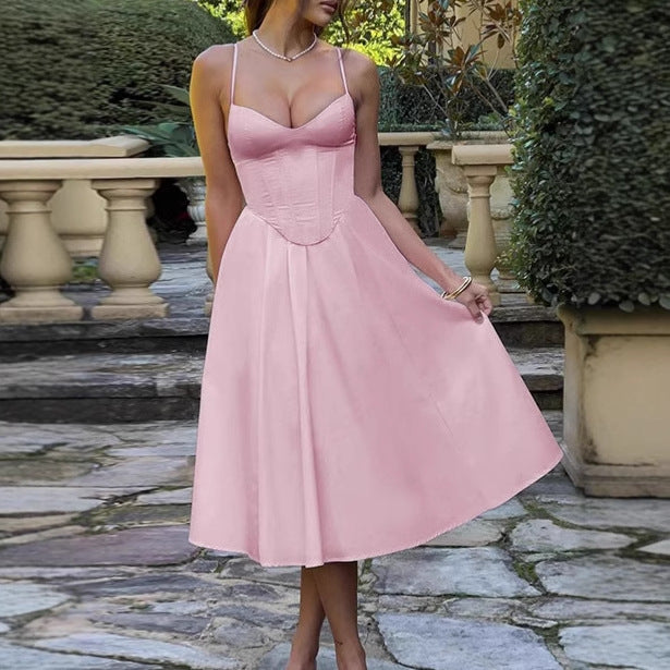 Damen Elegantes A-Linien Midi-Kleid mit Spaghettiträgern und weichem Stoff EB