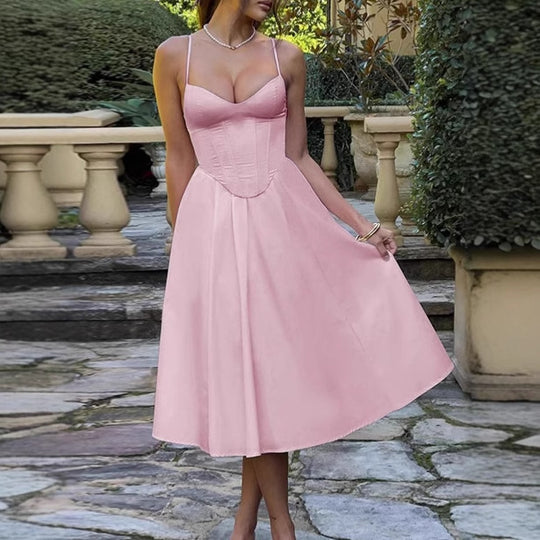 Damen Elegantes A-Linien Midi-Kleid mit Spaghettiträgern und weichem Stoff EB
