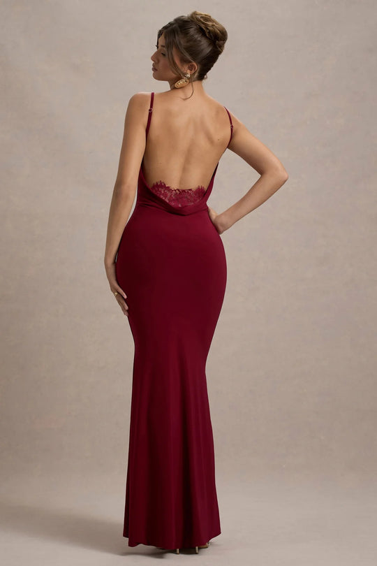 Damen Elegantes Maxikleid mit tiefem Rückenausschnitt und Spitzenakzenten EB