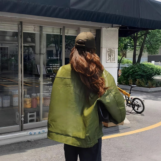 Damen lässige Kunstlederjacke mit voluminösen Ärmeln EB