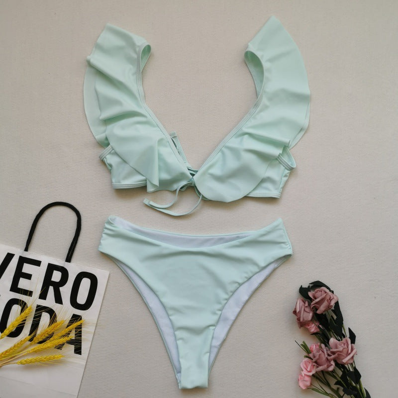 Damen Bikiniset mit Rüschen und Pflanzenmuster EB