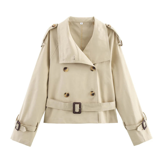 Damen modische Trenchjacke mit einzigartigen Knopfdetails und modernem Gürtel EB