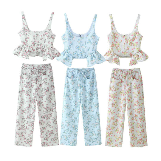 Damen Oberteil und Hose Set mit floralem Design und voluminösem Schnitt EB