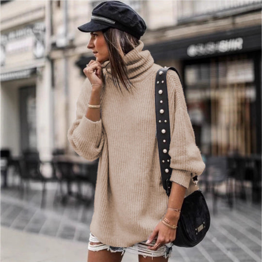Damen Grobstrickpullover mit hohem Kragen und lässiger Passform EB