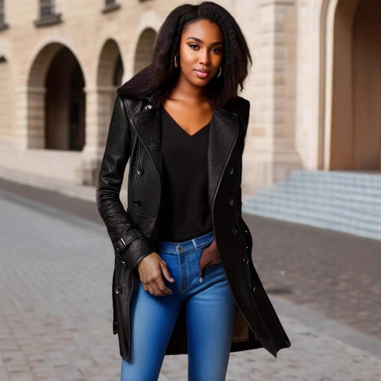 Damen edler Trenchcoat mit verschließbarem Kragen und raffinierten Details EB