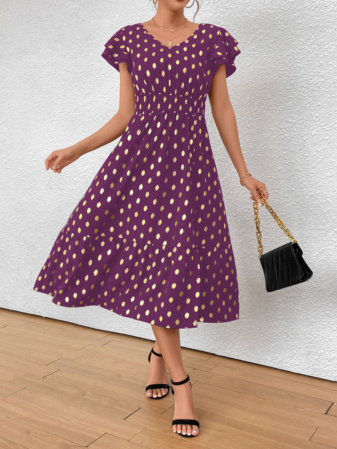 Damen Maxikleid mit Rüschendetails und schimmerndem Punktmuster EB