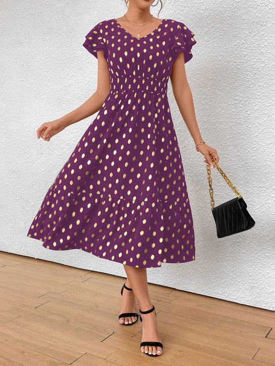 Damen Maxikleid mit Rüschendetails und schimmerndem Punktmuster EB
