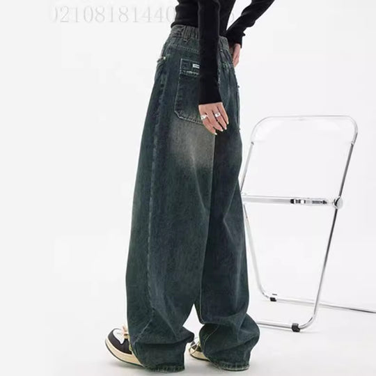 Damen nan hochgeschnittene extraweite Baggy-Jeans mit überlangem Saum und Vintageoptik EB