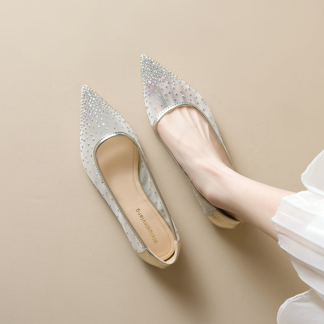 Damen elegante Ballerinas mit schimmernden Strassdetails und transparentem Obermaterial EB