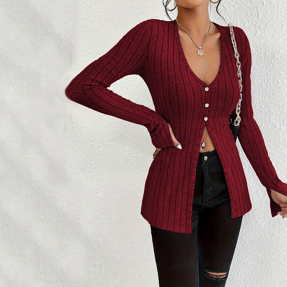 Damen gerippter V-Ausschnitt-Cardigan mit Knopfleiste taillierter Longline-Silhouette Eichborn Berlin