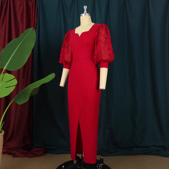 Damen elegantes Maxi-Kleid mit extravaganten Puffärmeln und schickem Schlitz EB
