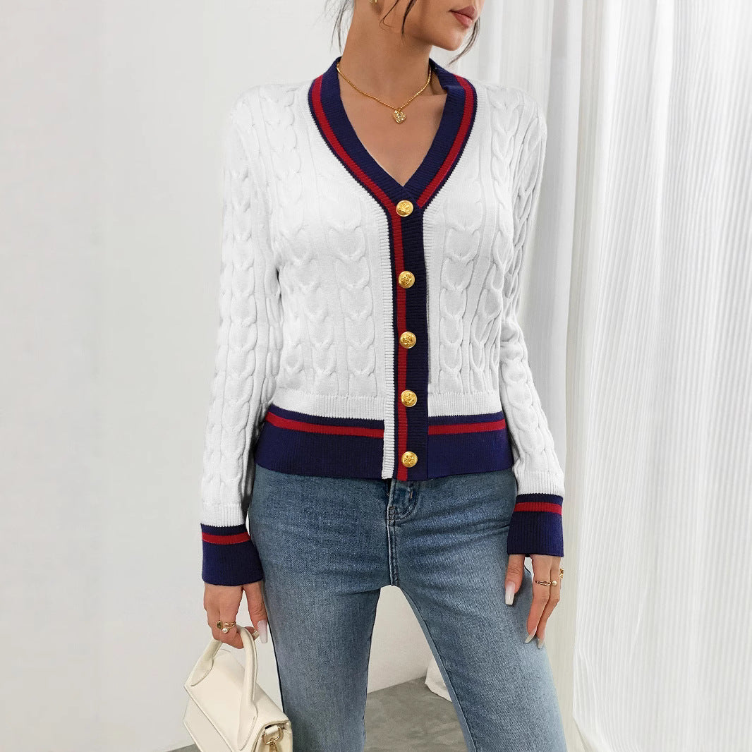 Damen modischer Kabelstrick-Cardigan mit zweifarbigem Abschluss EB
