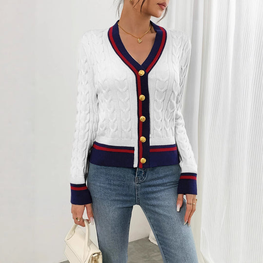 Damen modischer Kabelstrick-Cardigan mit zweifarbigem Abschluss EB