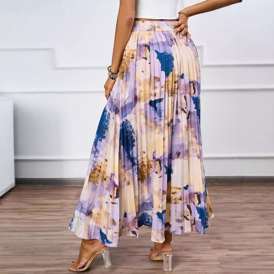 Damen Plissee-Rock mit farbenfrohem Aquarell-Muster und eleganter Taille EB