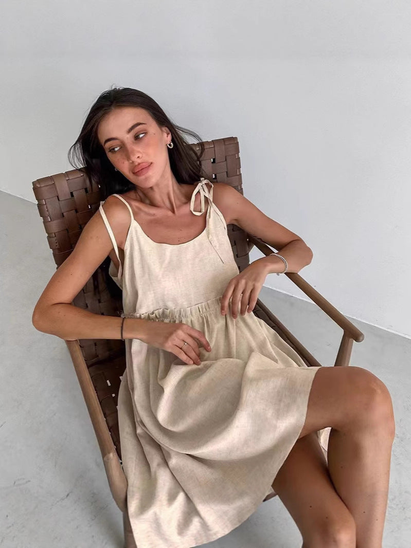 Damen lässiges Spaghettiträger-Kleid mit elastischem Bund und dekorativen Schleifen EB