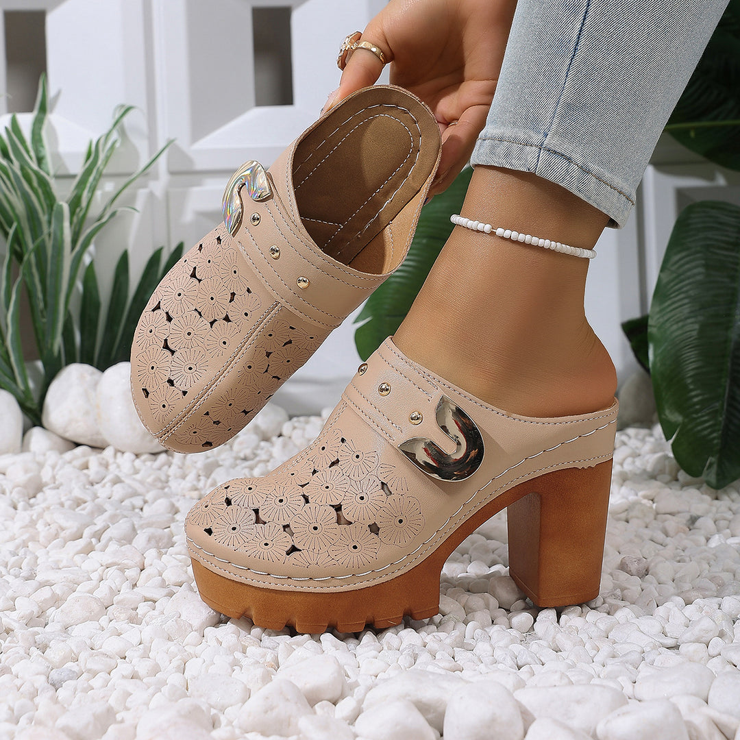 Damen modische Clogs mit perforiertem Design und elegantem Blockabsatz EB