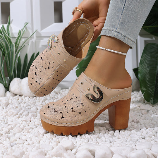 Damen modische Clogs mit perforiertem Design und elegantem Blockabsatz EB